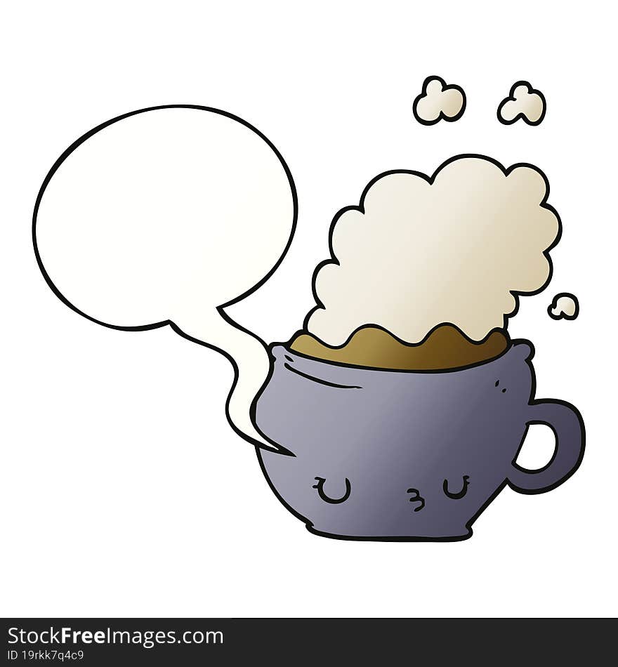 cute cartoon coffee cup with speech bubble in smooth gradient style