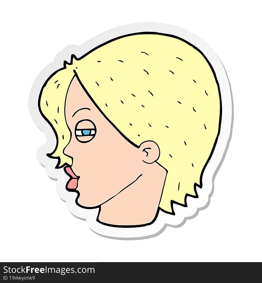 sticker of a cartoon female face with narrowed eyes