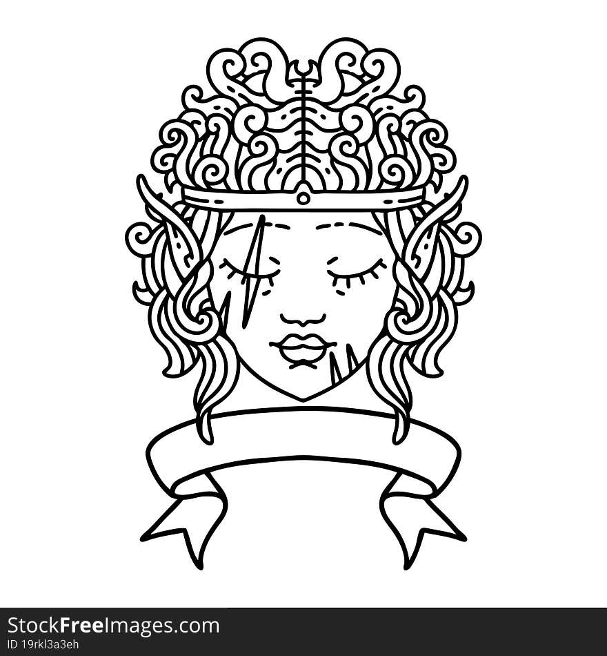 Black and White Tattoo linework Style elf barbarian character face with banner. Black and White Tattoo linework Style elf barbarian character face with banner