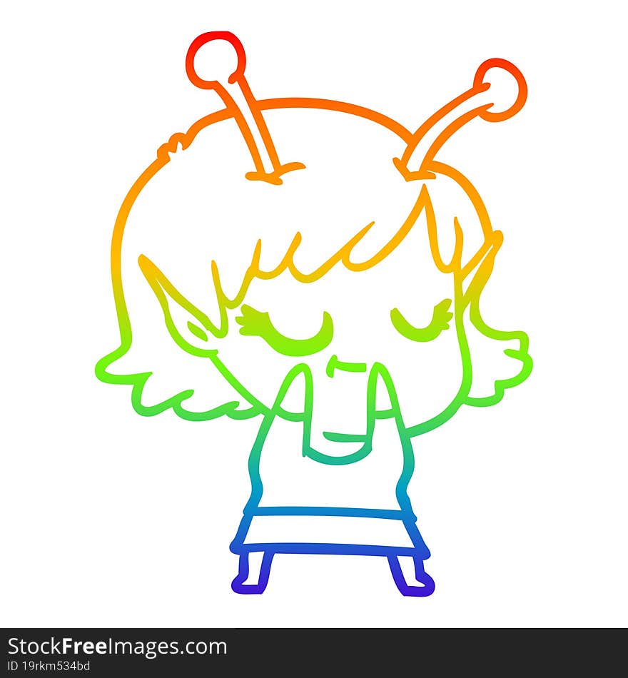 Rainbow Gradient Line Drawing Smiling Alien Girl Cartoon