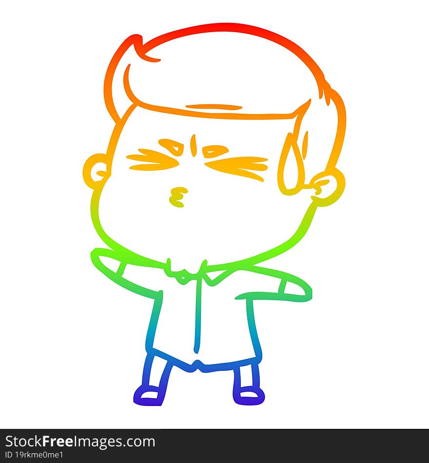 Rainbow Gradient Line Drawing Cartoon Man Sweating