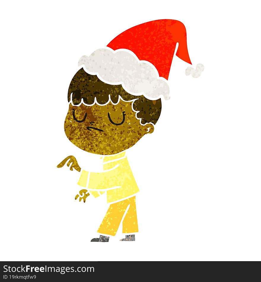 retro cartoon of a grumpy boy wearing santa hat