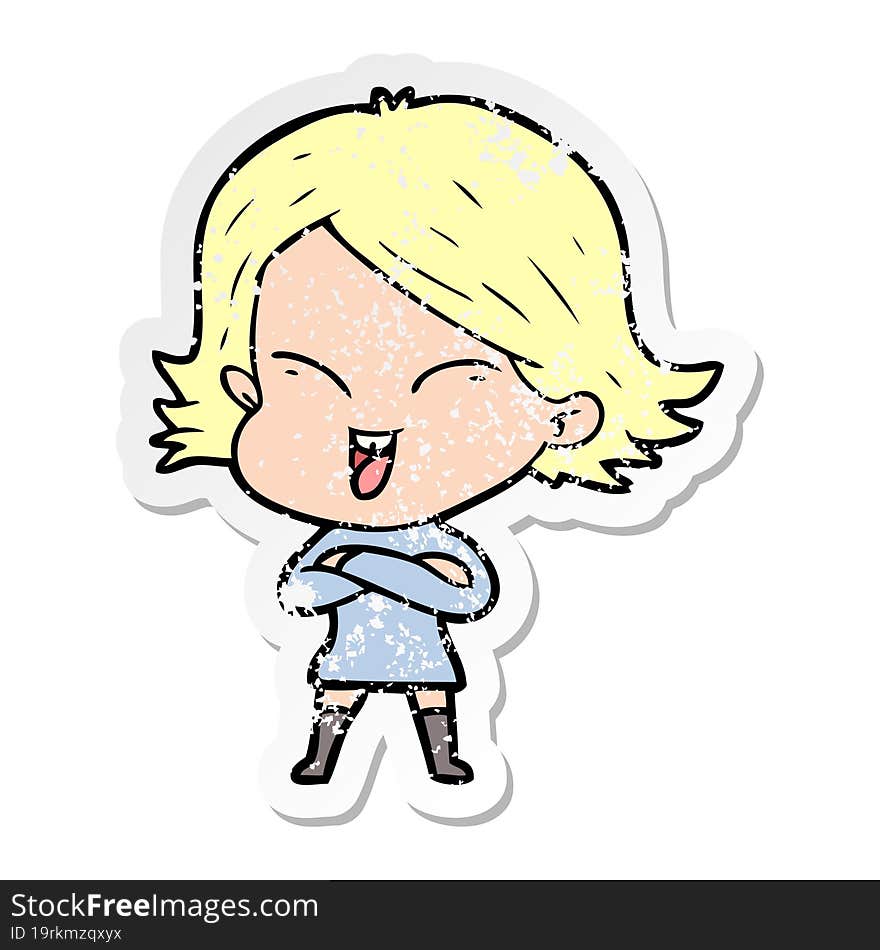 distressed sticker of a happy cartoon girl