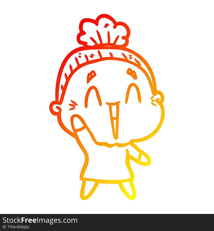 warm gradient line drawing of a cartoon happy old lady