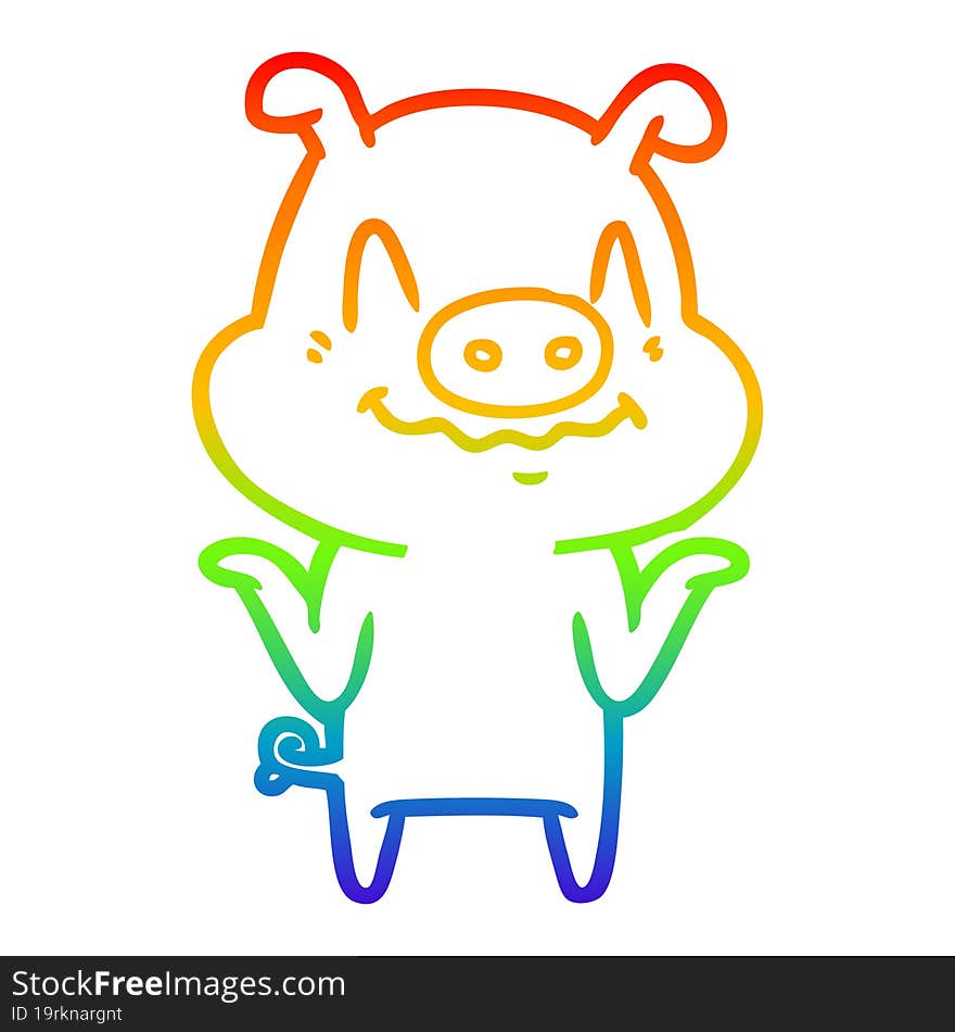 rainbow gradient line drawing of a nervous cartoon pig