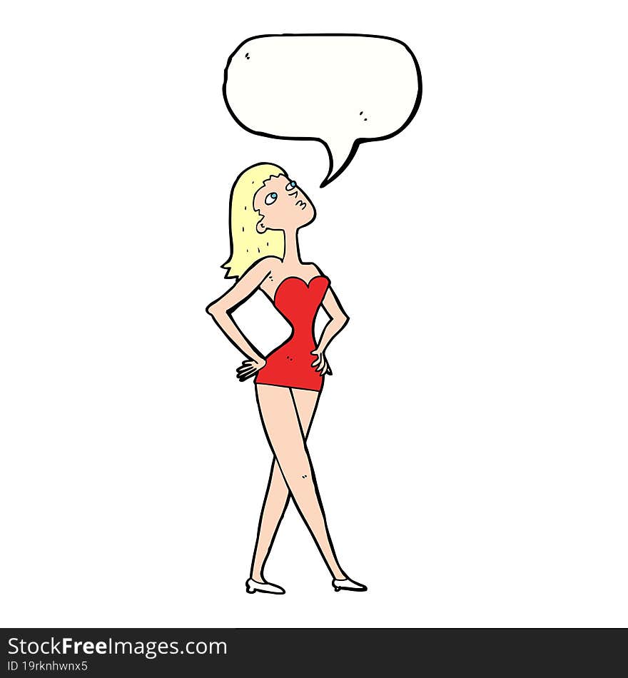 cartoon woman in party dress with speech bubble