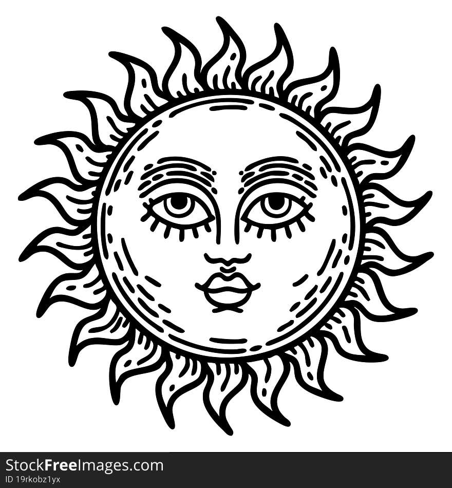 Black Line Tattoo Of A Sun With Face