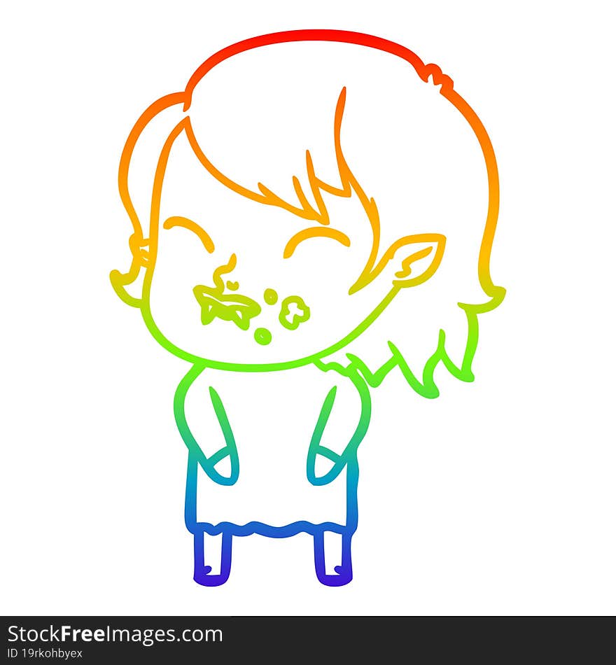 Rainbow Gradient Line Drawing Cartoon Vampire Girl With Blood On Cheek