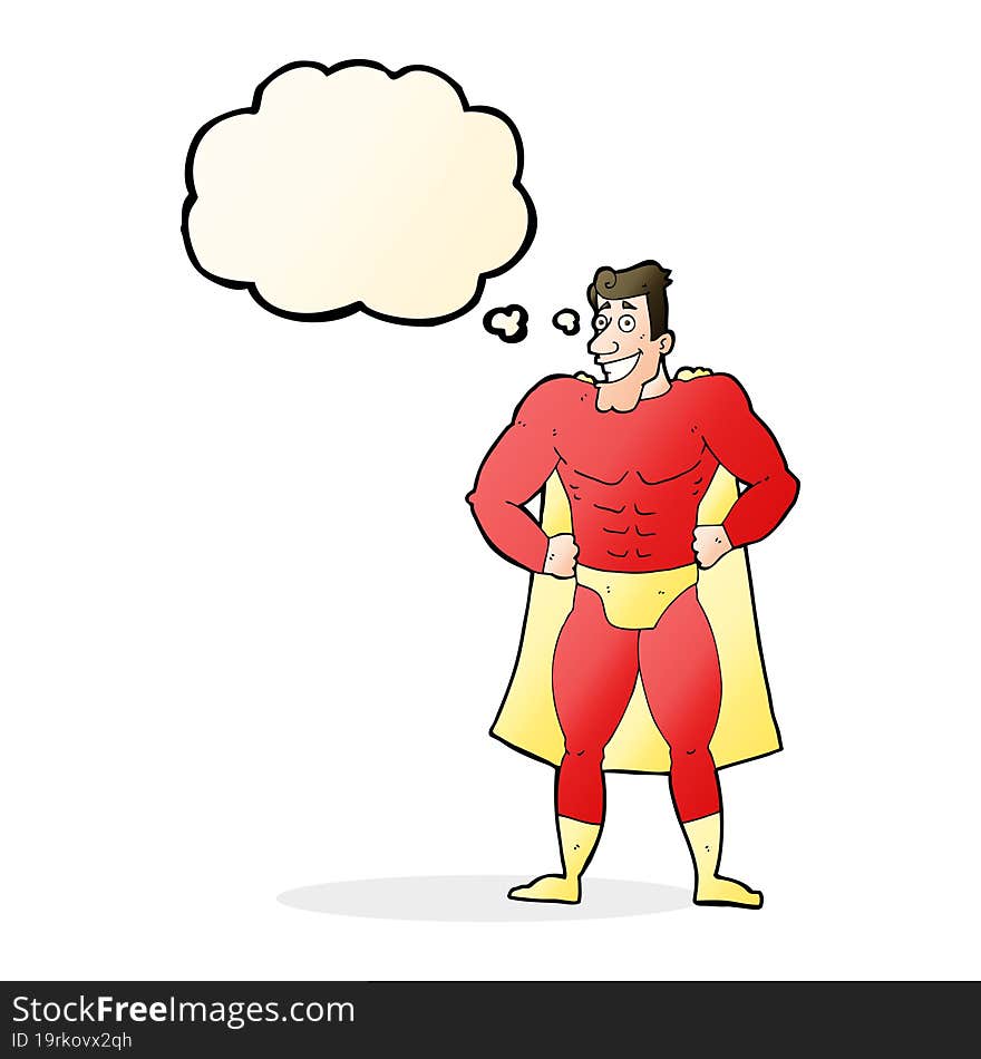 cartoon superhero with thought bubble