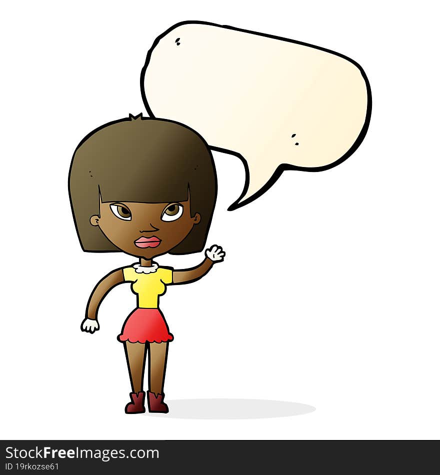 Cartoon Woman Waving With Speech Bubble