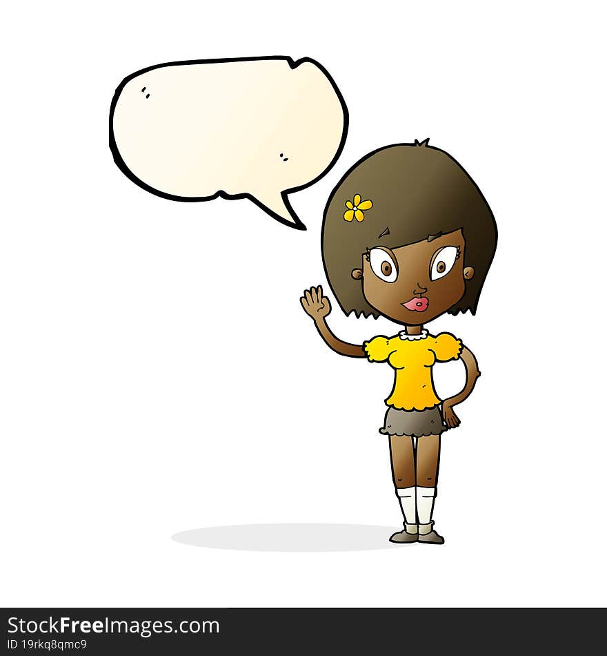 cartoon pretty girl waving with speech bubble