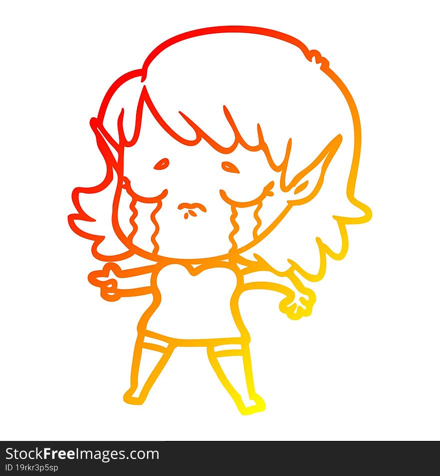 warm gradient line drawing of a cartoon crying elf girl