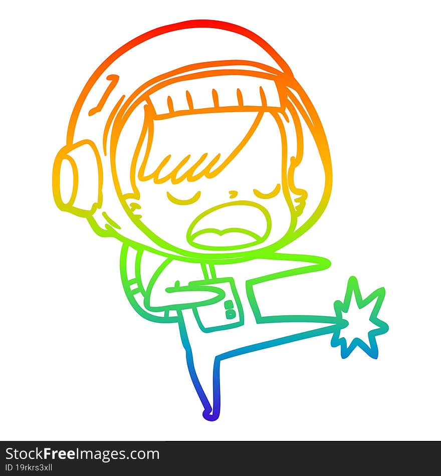 rainbow gradient line drawing cartoon astronaut woman kicking