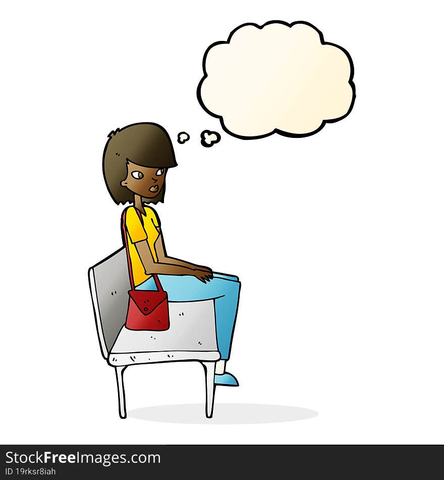 cartoon woman sitting on bench with thought bubble