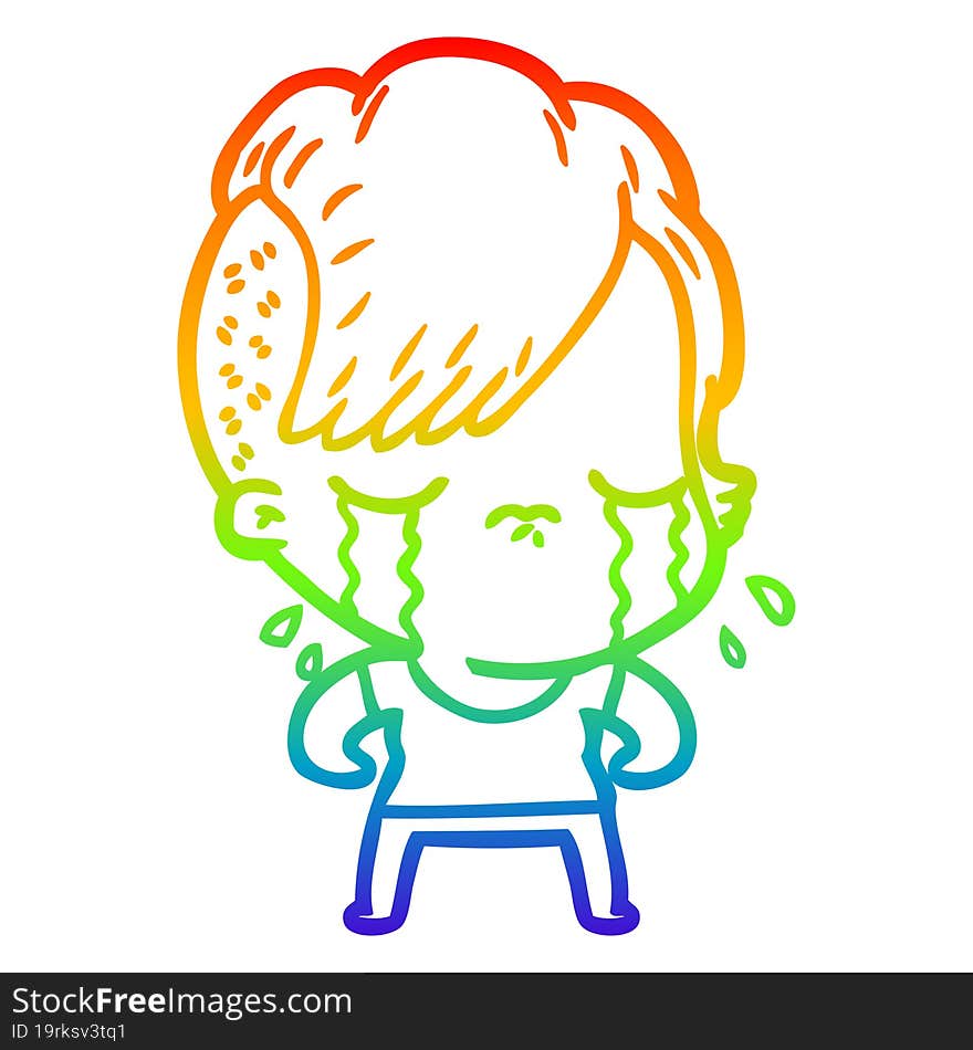 Rainbow Gradient Line Drawing Cartoon Crying Girl