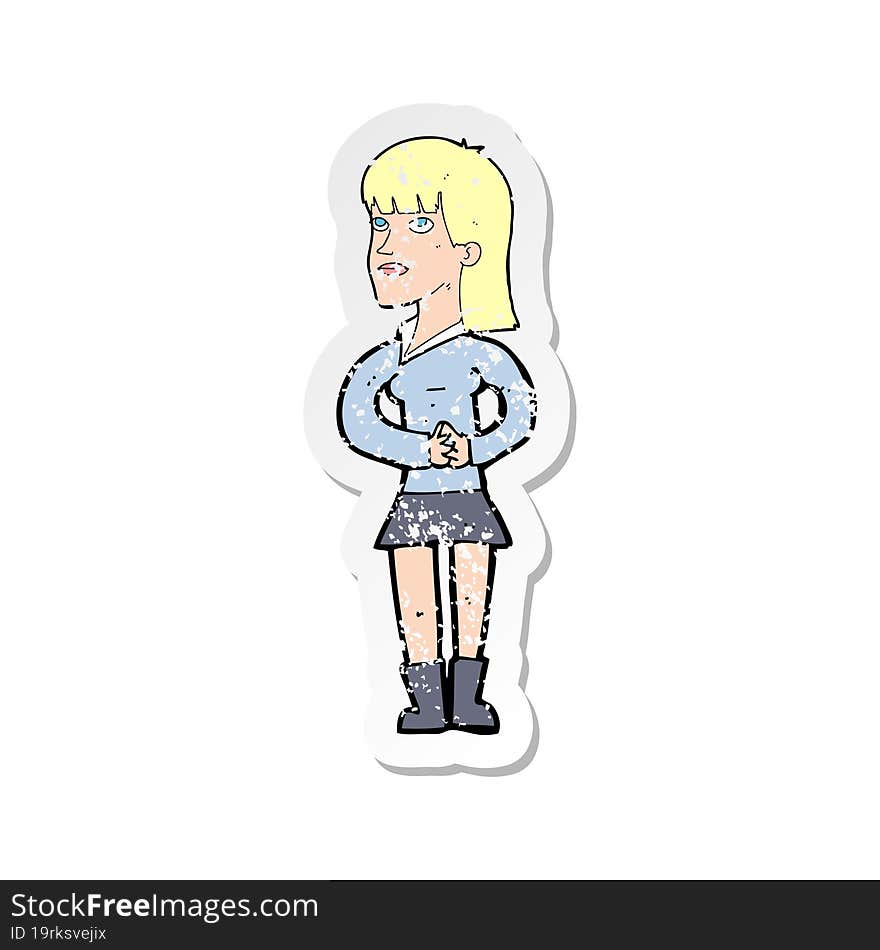 retro distressed sticker of a cartoon woman waiting