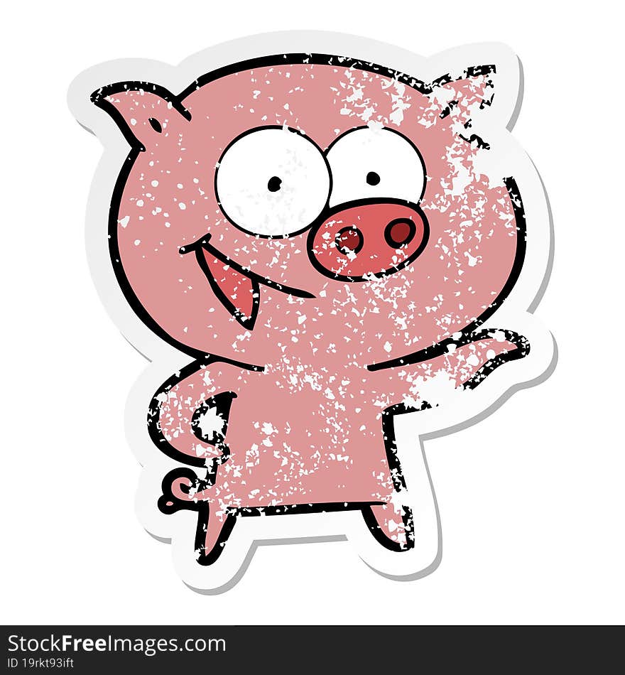 distressed sticker of a cheerful pig cartoon