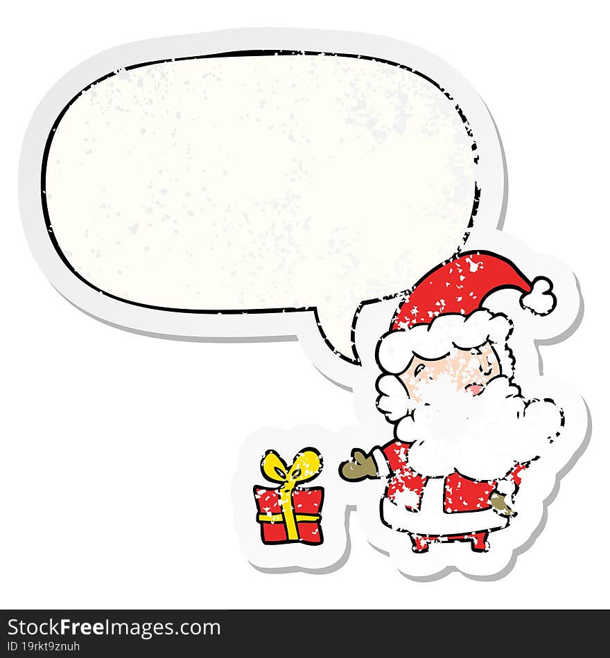 cartoon santa claus and present and speech bubble distressed sticker