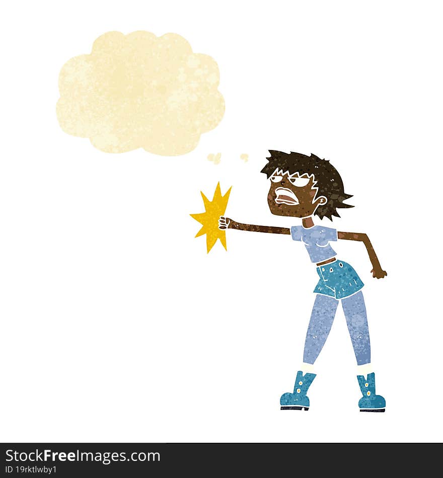 cartoon woman punching with thought bubble