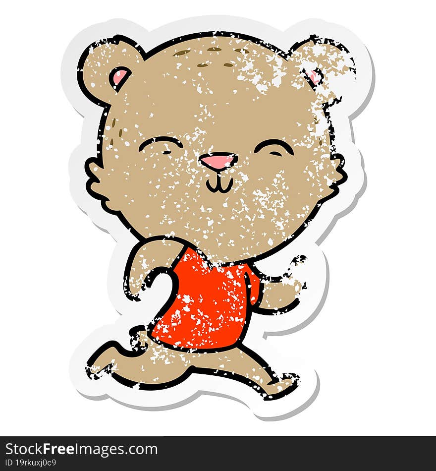 distressed sticker of a happy cartoon bear jogging