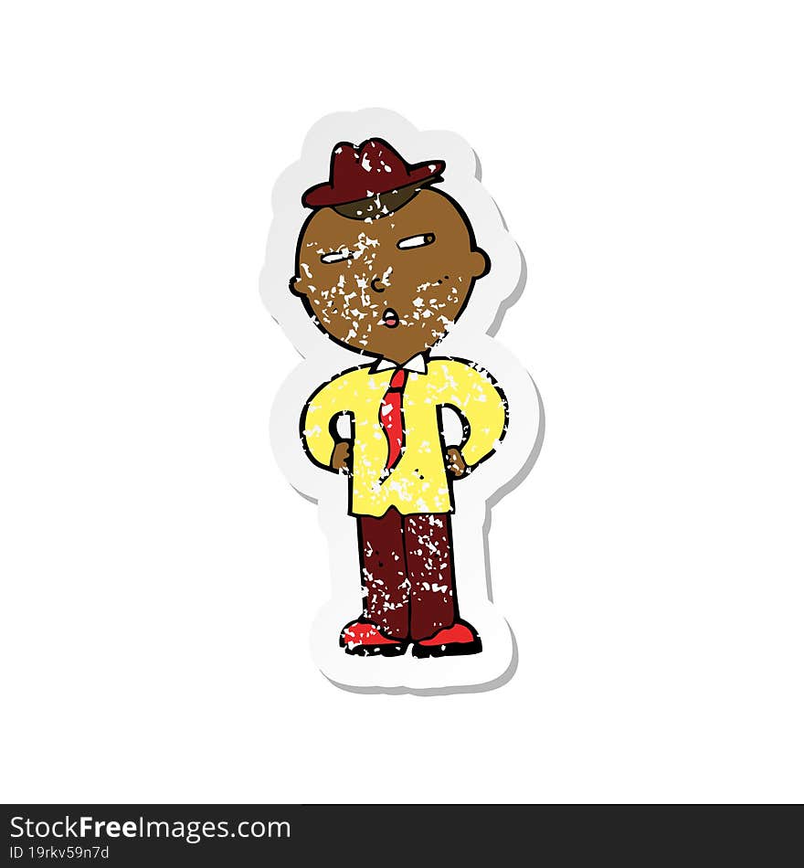 retro distressed sticker of a cartoon man wearing hat