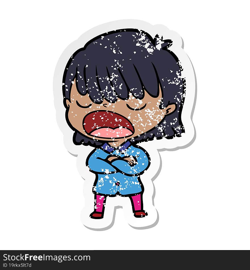 distressed sticker of a cartoon woman talking loudly