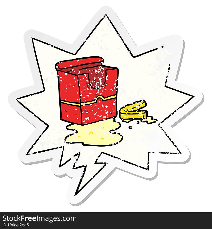 Cartoon Empty Box Of Fries And Speech Bubble Distressed Sticker