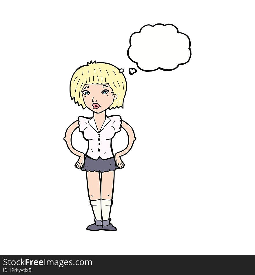 cartoon woman with hands on hips with thought bubble