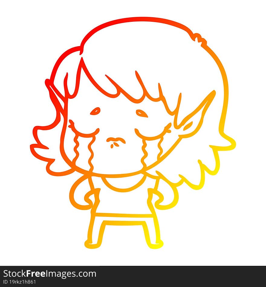 warm gradient line drawing of a cartoon crying elf girl