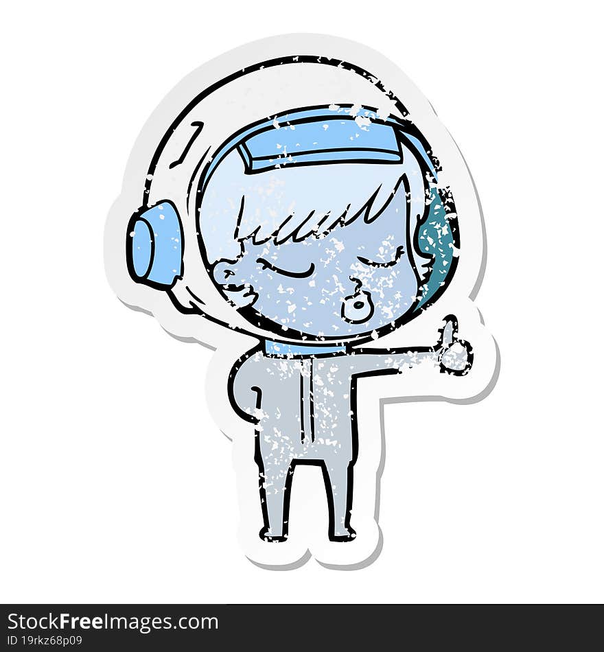 Distressed Sticker Of A Cartoon Pretty Astronaut Girl Giving Thumbs Up