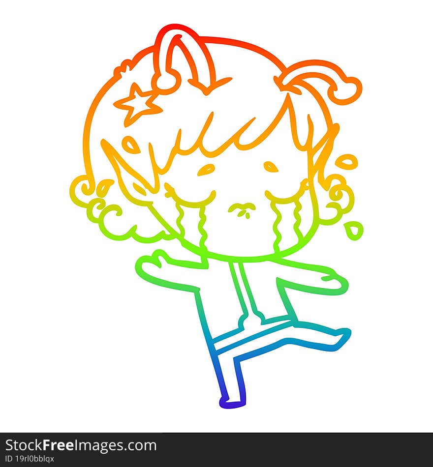 rainbow gradient line drawing of a cartoon crying alien girl