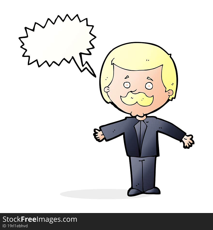 Cartoon Mustache Man With Open Arms With Speech Bubble