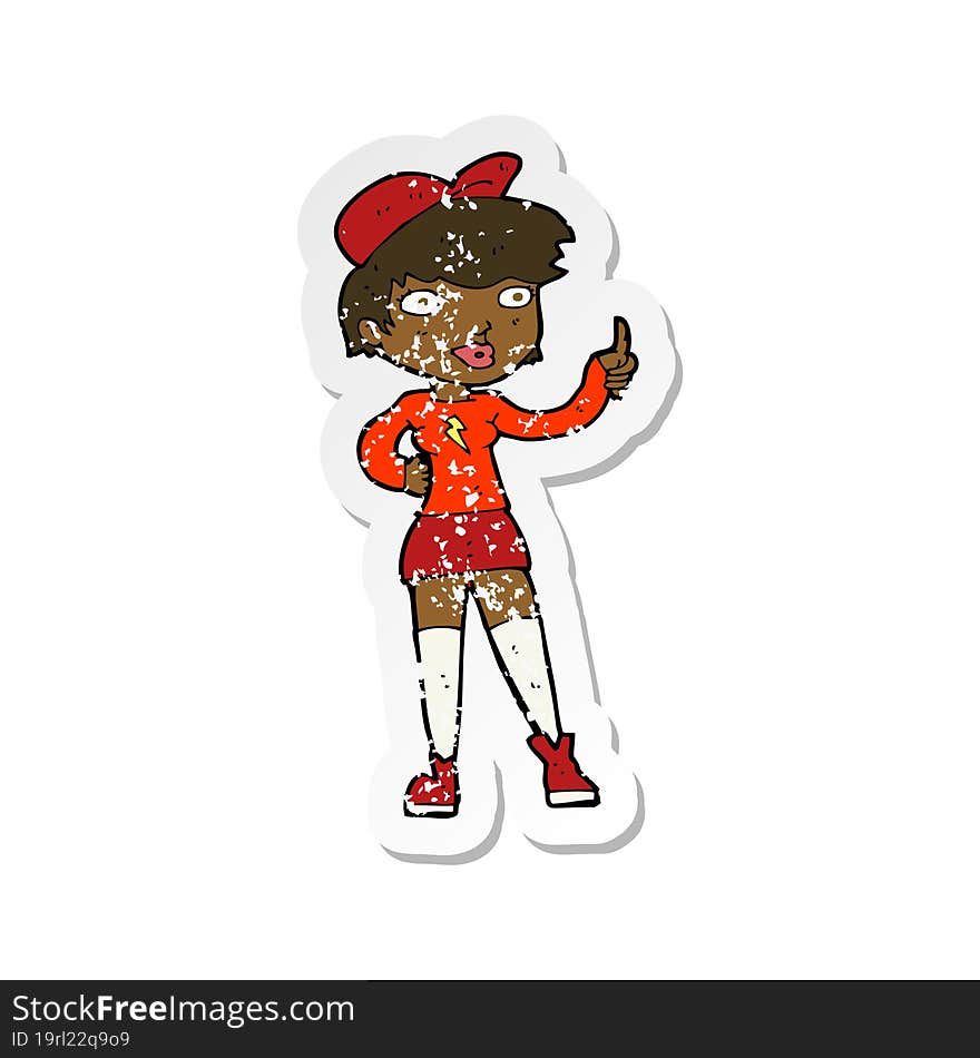 retro distressed sticker of a cartoon skater girl giving thumbs up symbol