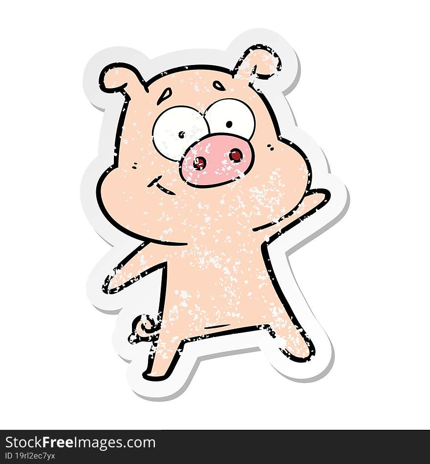 distressed sticker of a happy cartoon pig