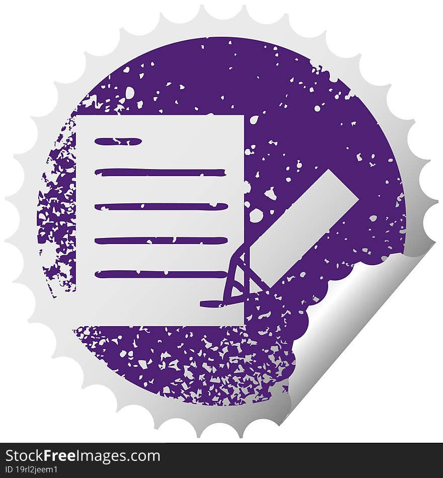 distressed circular peeling sticker symbol of writing a document