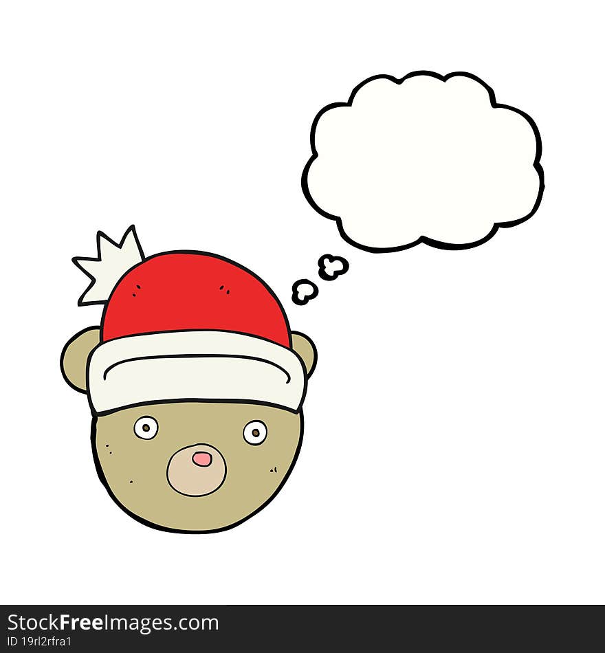 freehand drawn thought bubble cartoon teddy bear wearing christmas hat