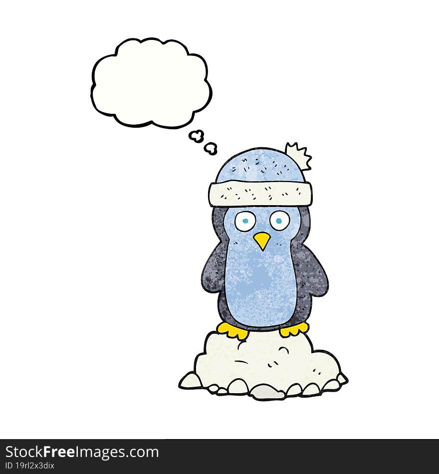 thought bubble textured cartoon penguin wearing hat