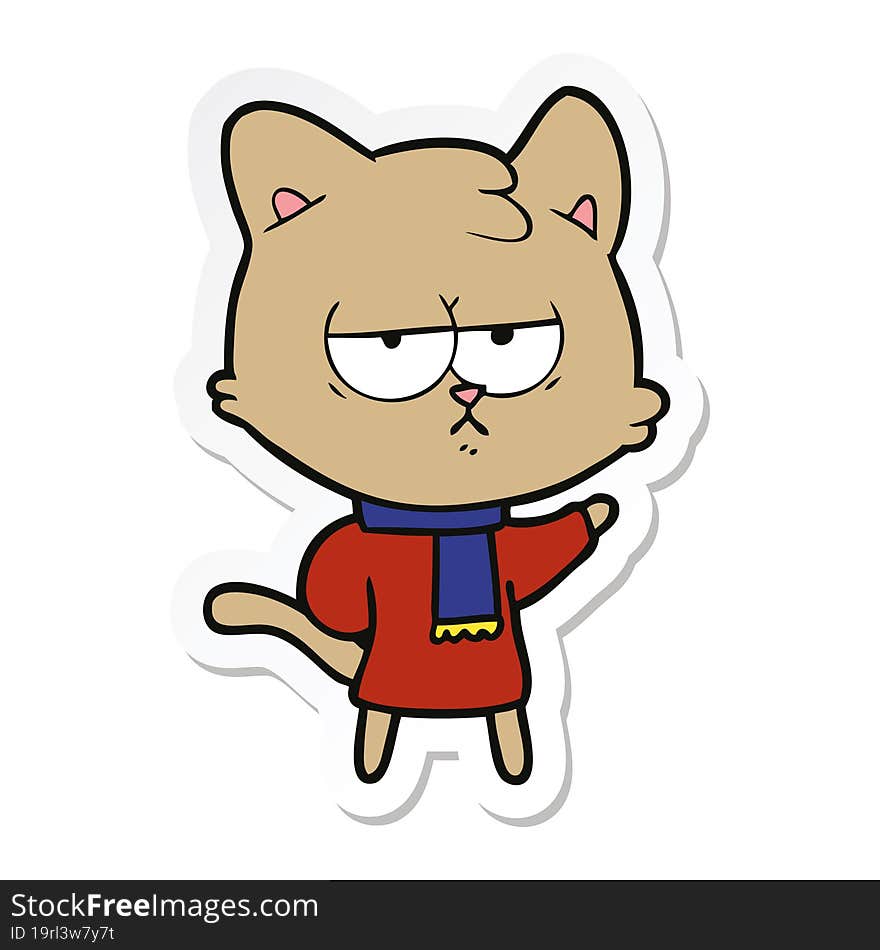 sticker of a bored cartoon cat in winter clothes