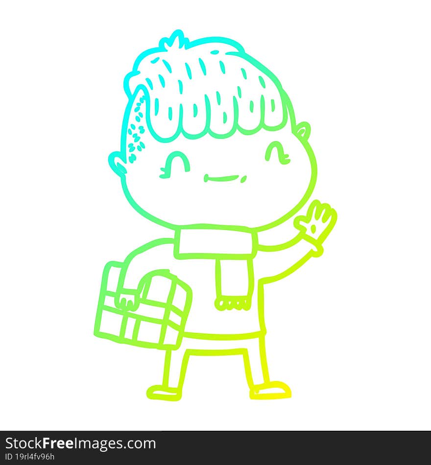 Cold Gradient Line Drawing Cartoon Friendly Boy With Christmas Present