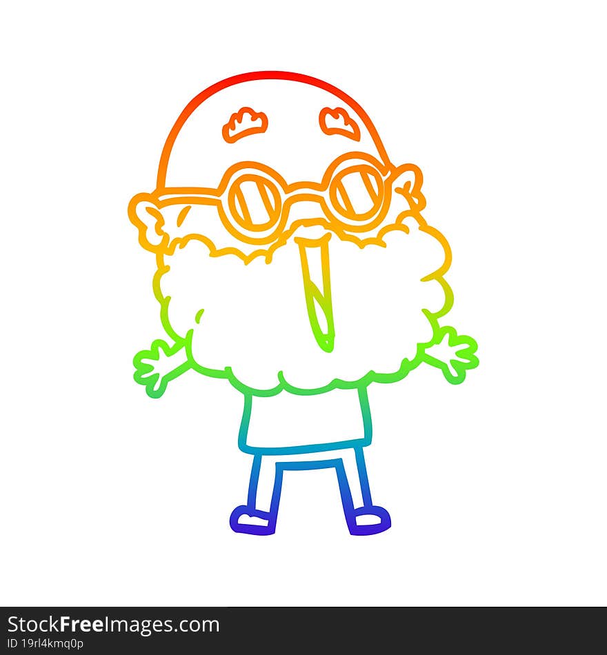 rainbow gradient line drawing of a cartoon joyful man with beard