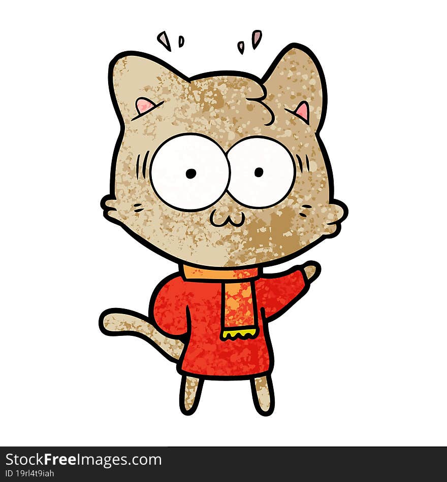 cartoon surprised cat wearing warm winter clothes. cartoon surprised cat wearing warm winter clothes