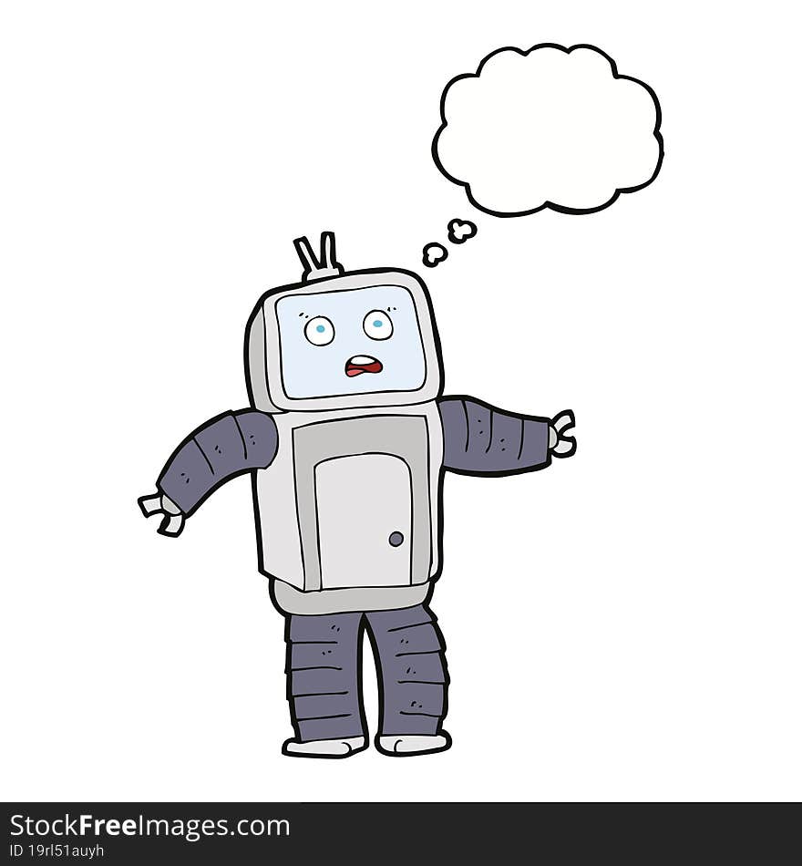 cartoon funny robot with thought bubble