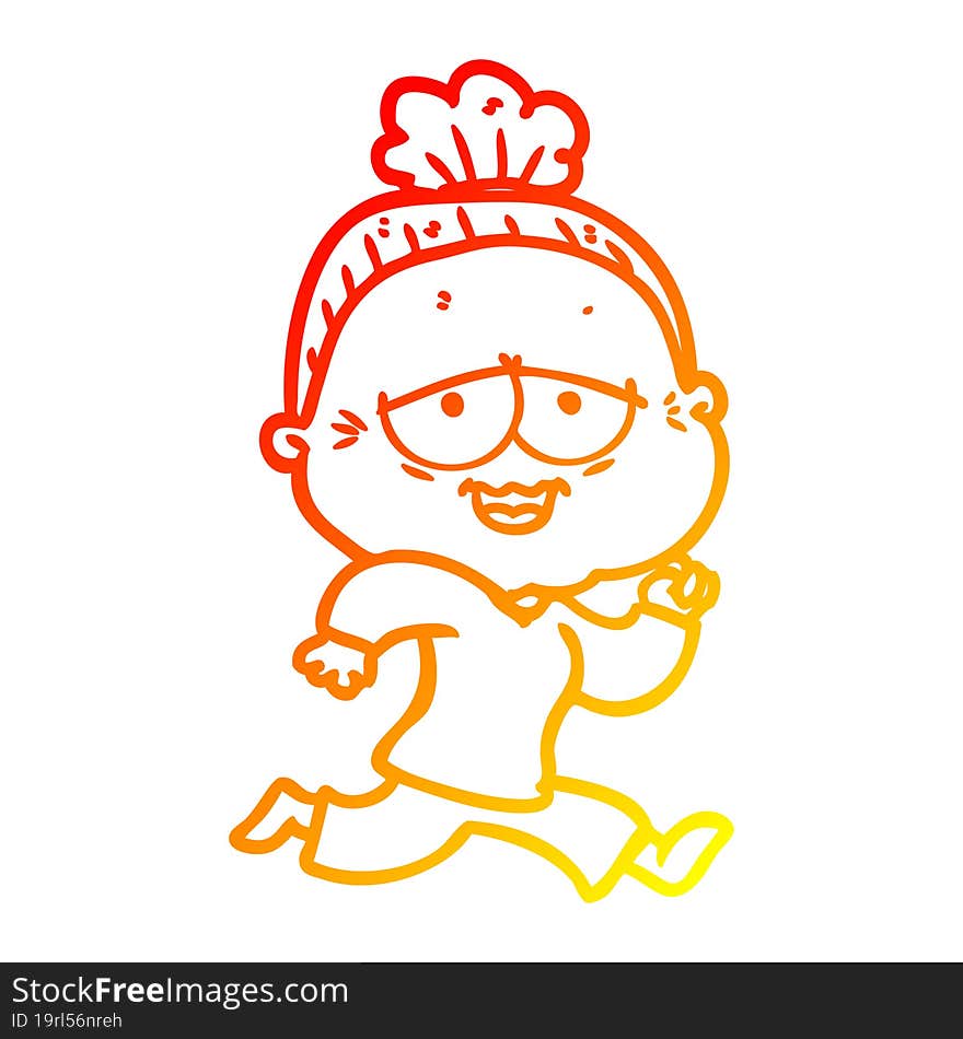 warm gradient line drawing of a cartoon happy old lady