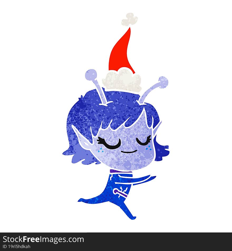 Smiling Alien Girl Retro Cartoon Of A Running Wearing Santa Hat