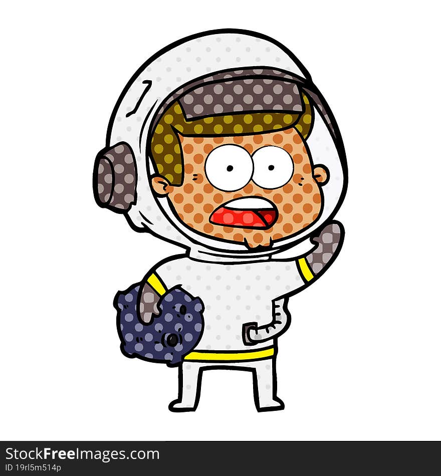 cartoon surprised astronaut holding moon rock. cartoon surprised astronaut holding moon rock