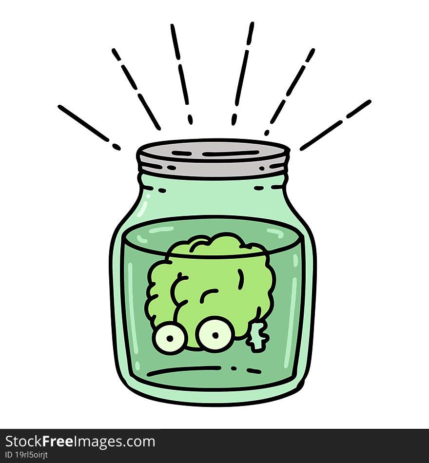 illustration of a traditional tattoo style brain in jar