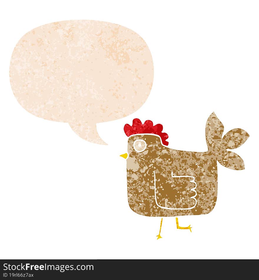 cartoon chicken with speech bubble in grunge distressed retro textured style. cartoon chicken with speech bubble in grunge distressed retro textured style