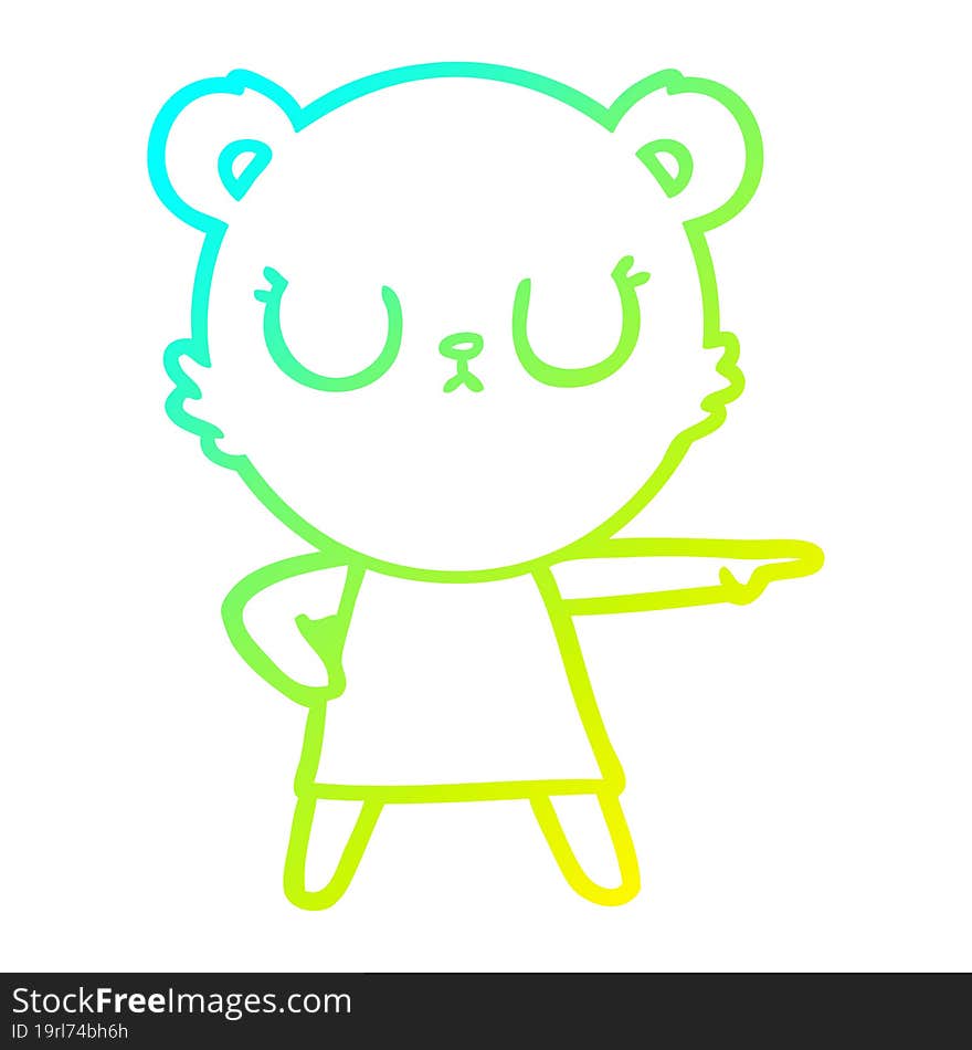 cold gradient line drawing of a peaceful cartoon bear in dress pointing