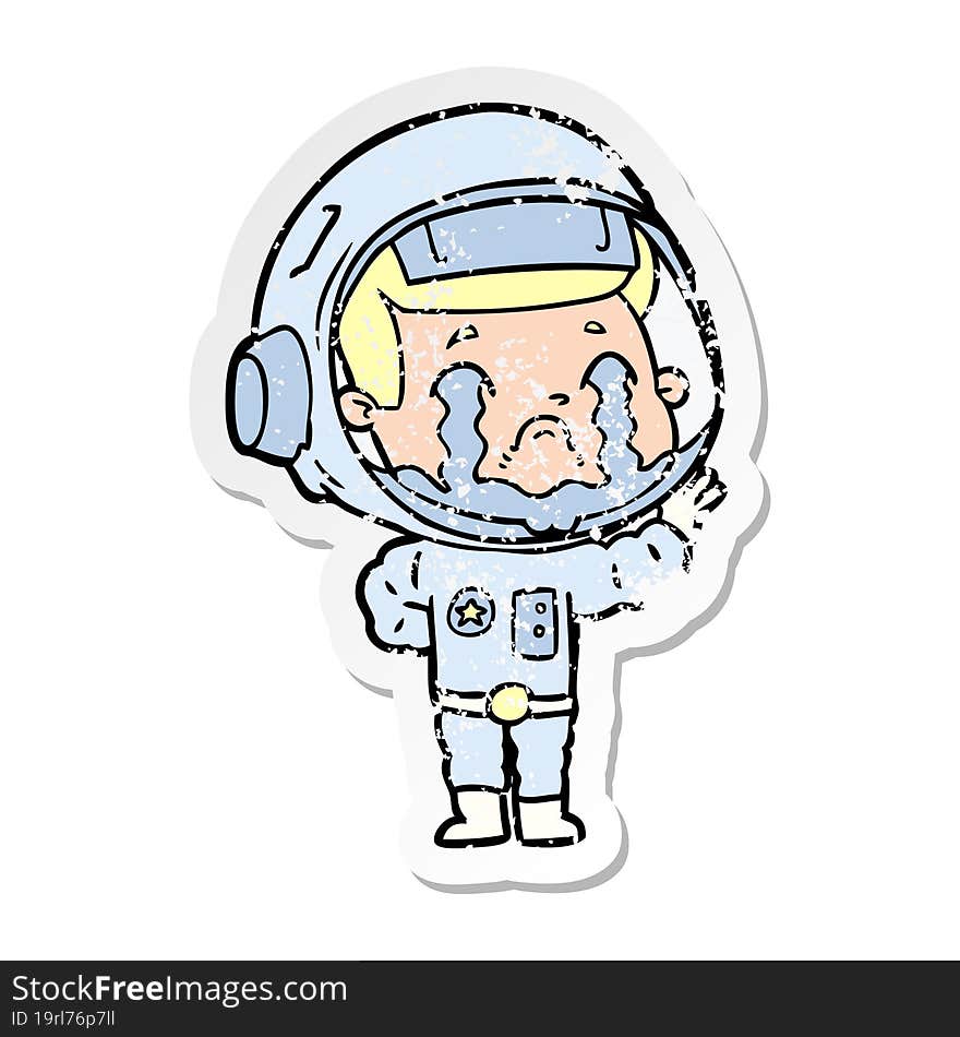 distressed sticker of a cartoon crying astronaut