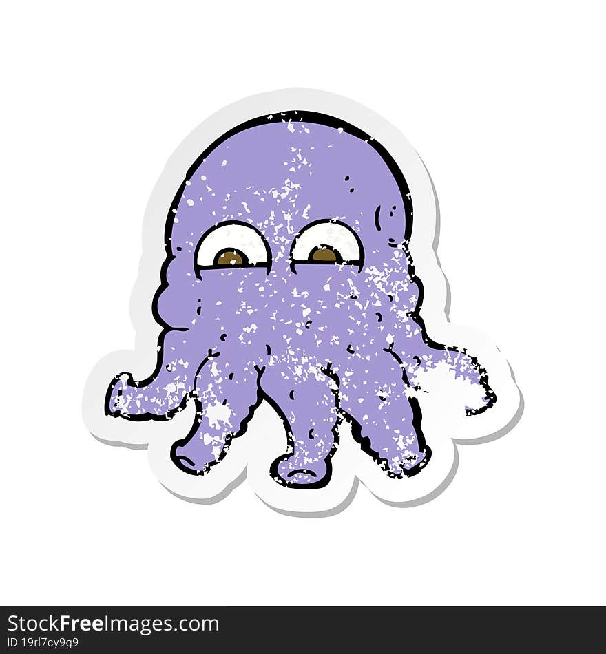 retro distressed sticker of a cartoon alien squid face